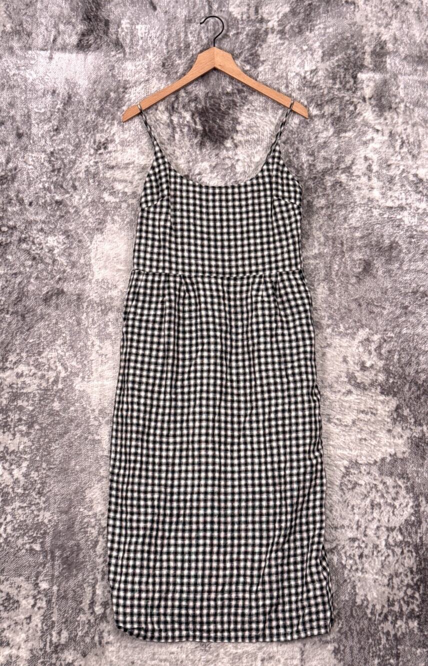 Quince 100% European Linen Scoop Neck Midi Dress Large Womens Gingham Check